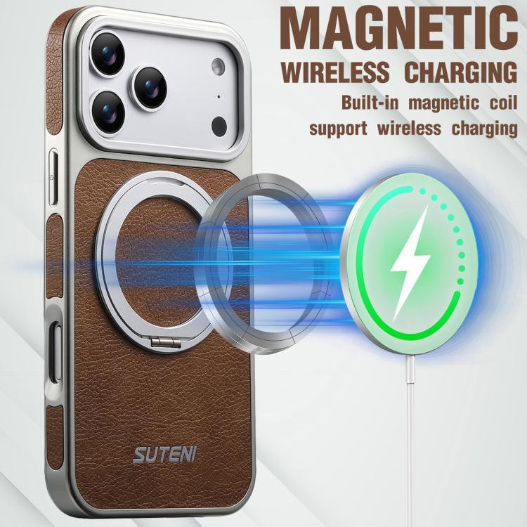 For iPhone 17 Pro Suteni G6 Crazy Horse Texture Electroplated 360 Rotation Holder Magnetic Phone Case