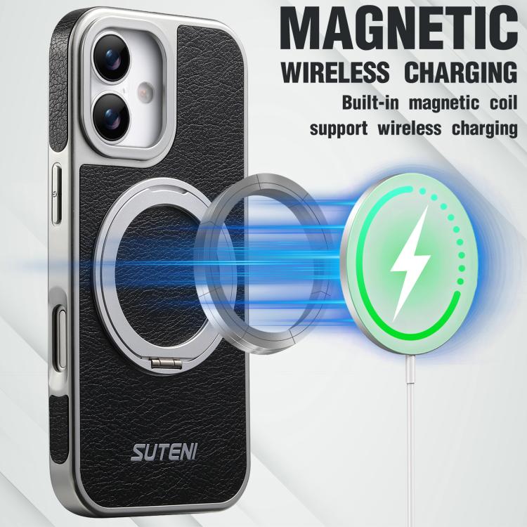 For iPhone 17 Suteni G6 Crazy Horse Texture Electroplated 360 Rotation Holder Magnetic Phone Case