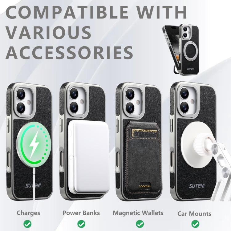 For iPhone 17 Suteni G6 Crazy Horse Texture Electroplated 360 Rotation Holder Magnetic Phone Case
