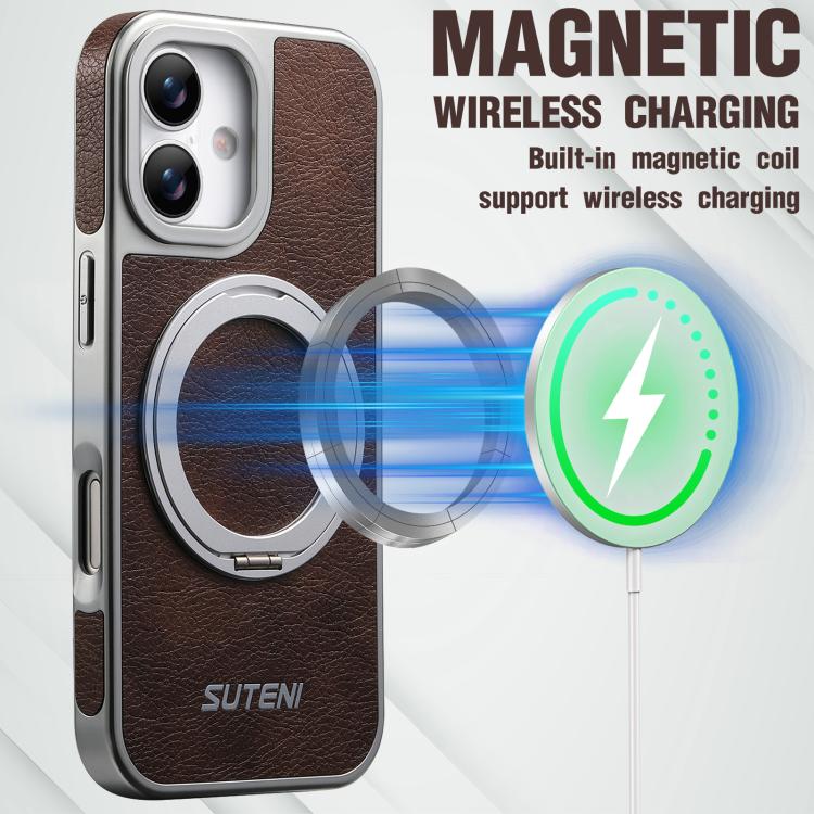 For iPhone 17 Suteni G6 Crazy Horse Texture Electroplated 360 Rotation Holder Magnetic Phone Case
