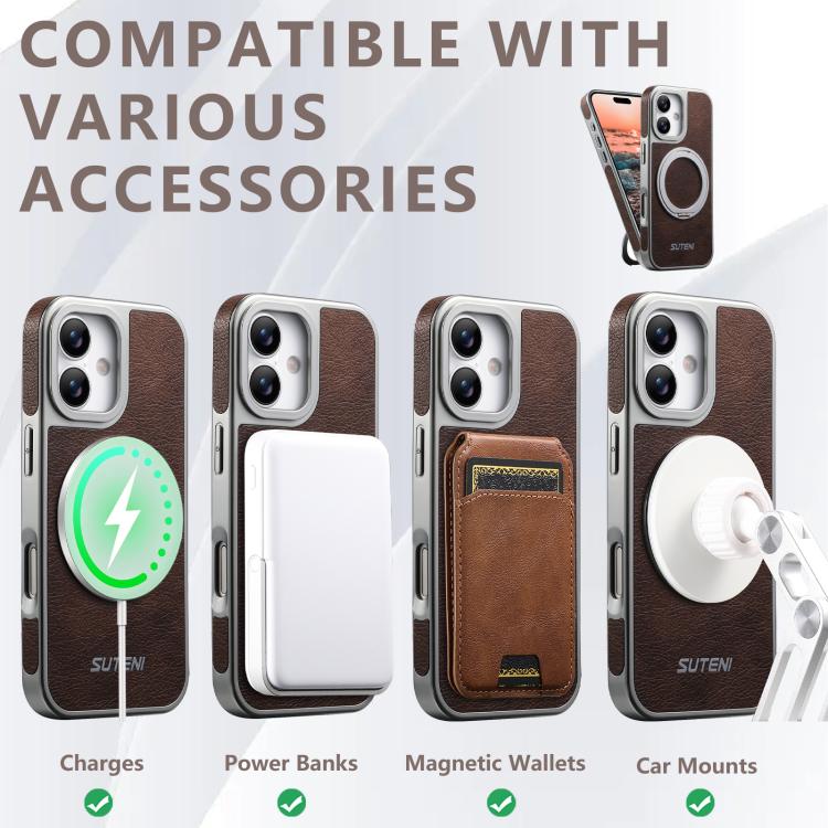 For iPhone 17 Suteni G6 Crazy Horse Texture Electroplated 360 Rotation Holder Magnetic Phone Case
