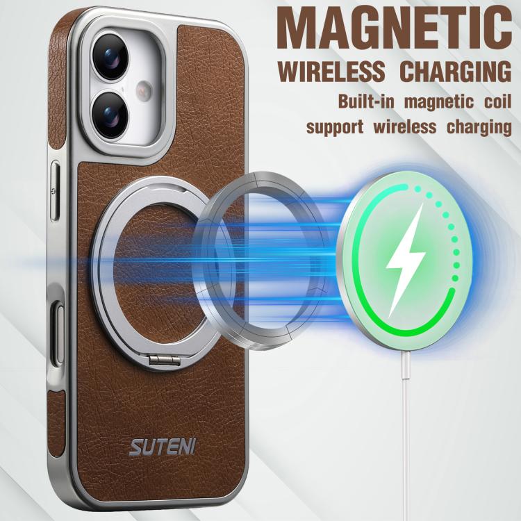 For iPhone 17 Suteni G6 Crazy Horse Texture Electroplated 360 Rotation Holder Magnetic Phone Case