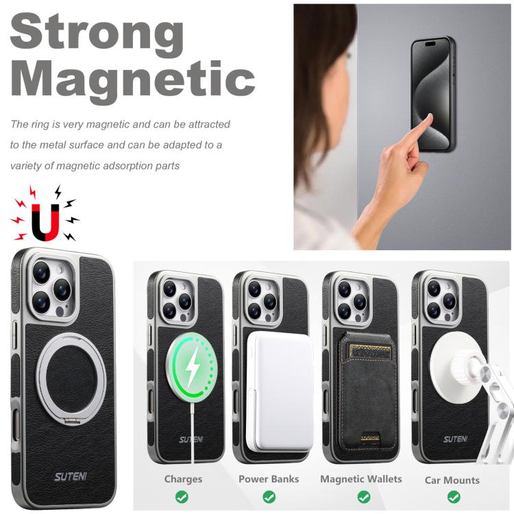For iPhone 16 Pro Suteni G6 Crazy Horse Texture Electroplated 360 Rotation Holder Magnetic Phone Case