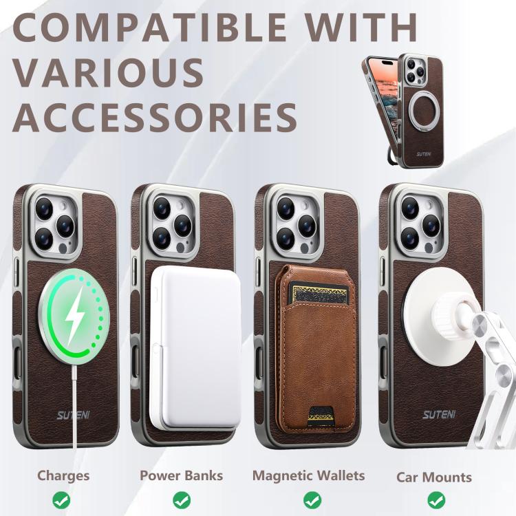 For iPhone 16 Pro Suteni G6 Crazy Horse Texture Electroplated 360 Rotation Holder Magnetic Phone Case