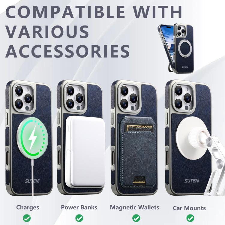 For iPhone 16 Pro Suteni G6 Crazy Horse Texture Electroplated 360 Rotation Holder Magnetic Phone Case
