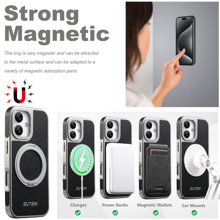 For iPhone 16 Suteni G6 Crazy Horse Texture Electroplated 360 Rotation Holder Magnetic Phone Case