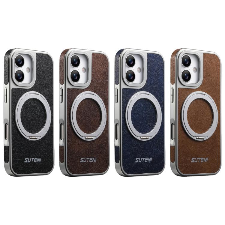 For iPhone 16 Suteni G6 Crazy Horse Texture Electroplated 360 Rotation Holder Magnetic Phone Case