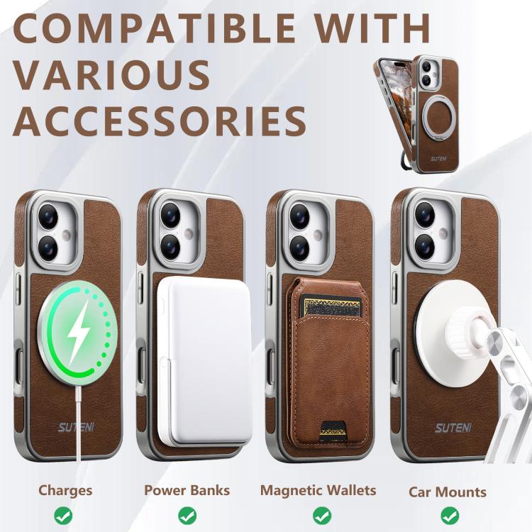For iPhone 16 Suteni G6 Crazy Horse Texture Electroplated 360 Rotation Holder Magnetic Phone Case