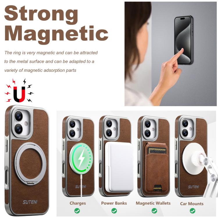 For iPhone 16 Suteni G6 Crazy Horse Texture Electroplated 360 Rotation Holder Magnetic Phone Case