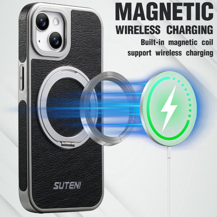 For iPhone 15 Suteni G6 Crazy Horse Texture Electroplated 360 Rotation Holder Magnetic Phone Case