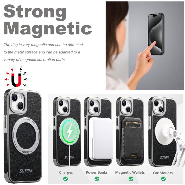 For iPhone 15 Suteni G6 Crazy Horse Texture Electroplated 360 Rotation Holder Magnetic Phone Case