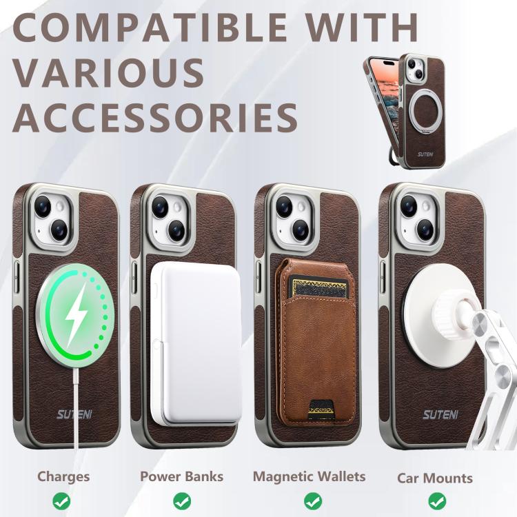 For iPhone 15 Suteni G6 Crazy Horse Texture Electroplated 360 Rotation Holder Magnetic Phone Case