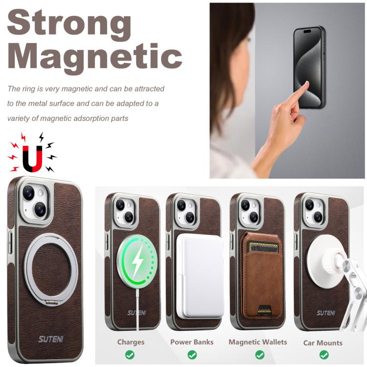 For iPhone 15 Suteni G6 Crazy Horse Texture Electroplated 360 Rotation Holder Magnetic Phone Case