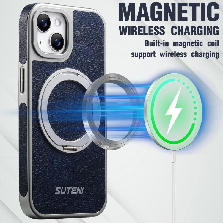 For iPhone 15 Suteni G6 Crazy Horse Texture Electroplated 360 Rotation Holder Magnetic Phone Case
