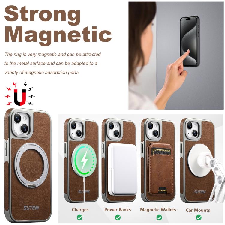 For iPhone 15 Suteni G6 Crazy Horse Texture Electroplated 360 Rotation Holder Magnetic Phone Case
