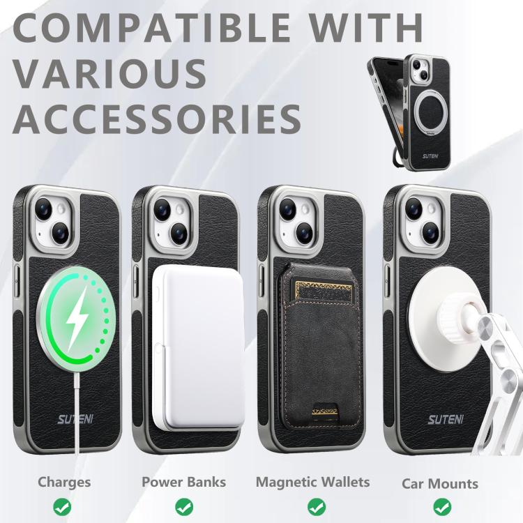 For iPhone 14 Suteni G6 Crazy Horse Texture Electroplated 360 Rotation Holder Magnetic Phone Case