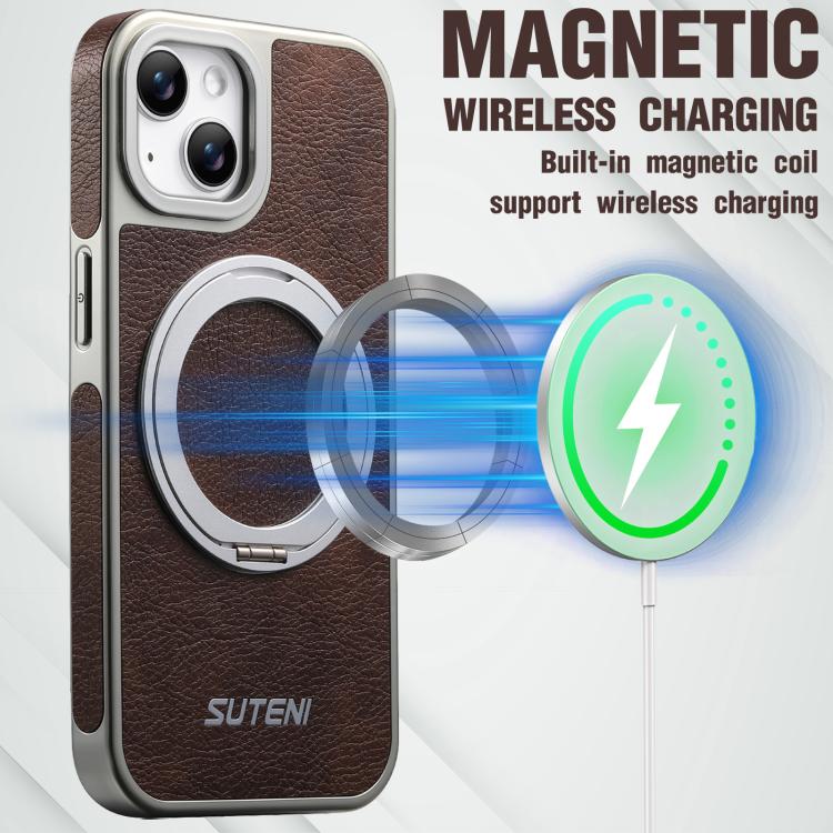 For iPhone 14 Suteni G6 Crazy Horse Texture Electroplated 360 Rotation Holder Magnetic Phone Case
