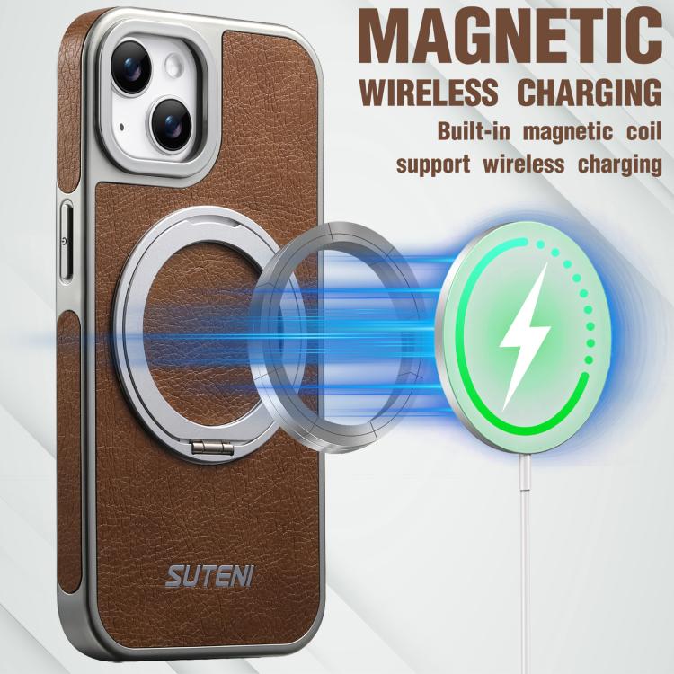 For iPhone 14 Suteni G6 Crazy Horse Texture Electroplated 360 Rotation Holder Magnetic Phone Case
