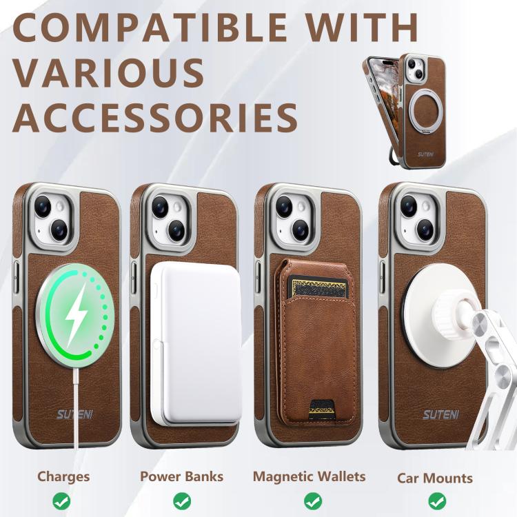 For iPhone 14 Suteni G6 Crazy Horse Texture Electroplated 360 Rotation Holder Magnetic Phone Case