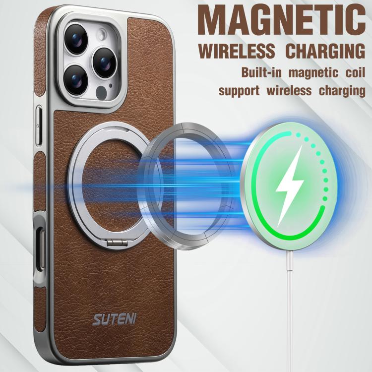 For iPhone 13 Pro Suteni G6 Crazy Horse Texture Electroplated 360 Rotation Holder Magnetic Phone Case