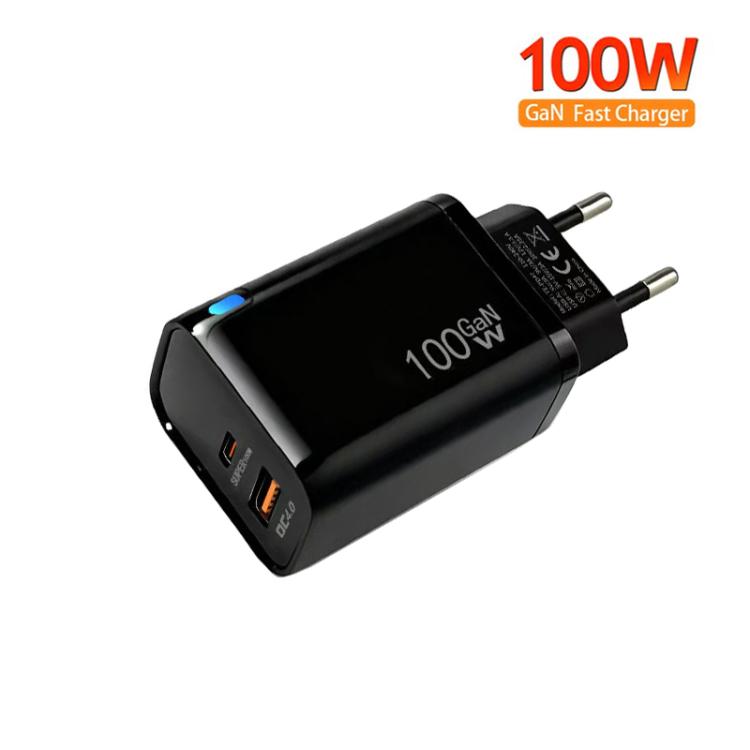 PD47 100W GaN PD Type-C + QC3.0 USB Charger with Type-C to Type-C / 8-Pin Data Cable, EU Plug