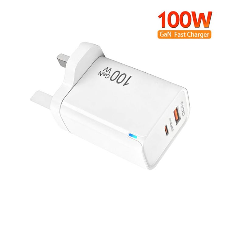PD47 100W GaN PD Type-C + QC3.0 USB Charger with Type-C to Type-C / 8-Pin Data Cable, UK Plug