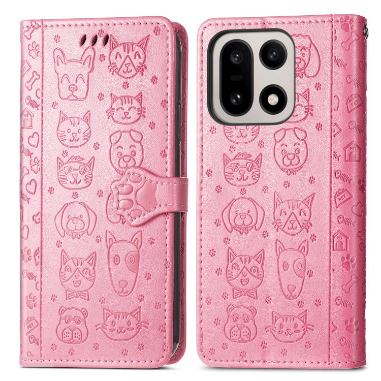For OnePlus 15 Cat and Dog Embossed Leather Phone Case