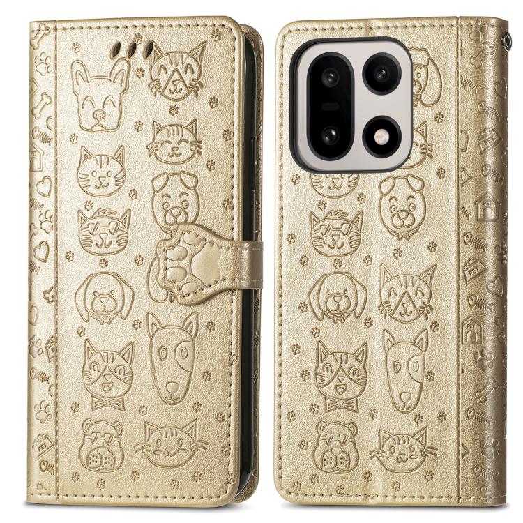 For OnePlus 15 Cat and Dog Embossed Leather Phone Case