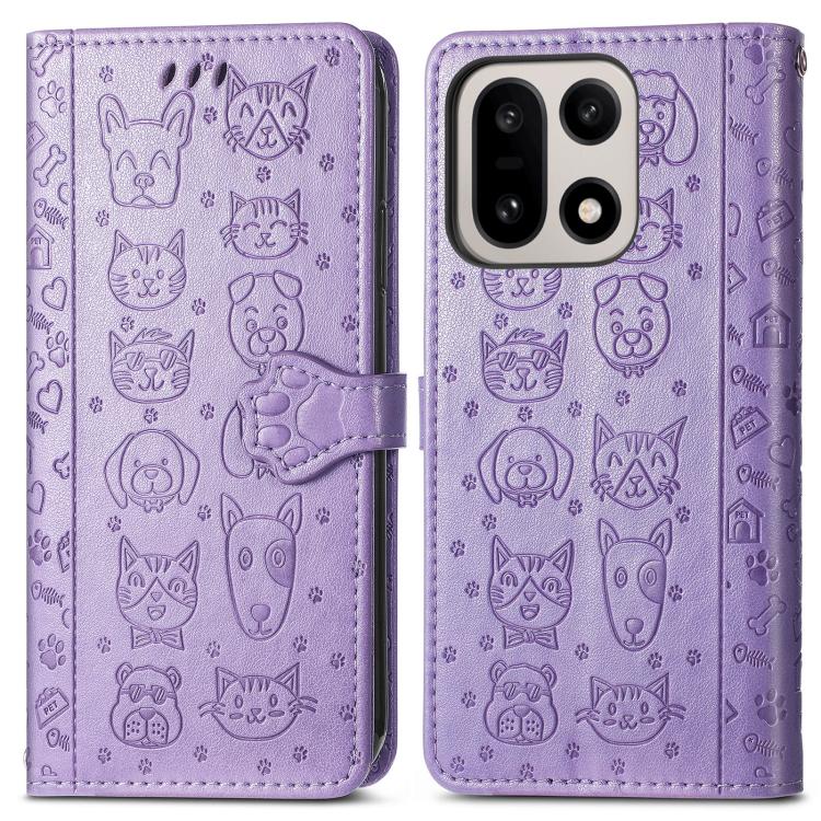 For OnePlus 15 Cat and Dog Embossed Leather Phone Case