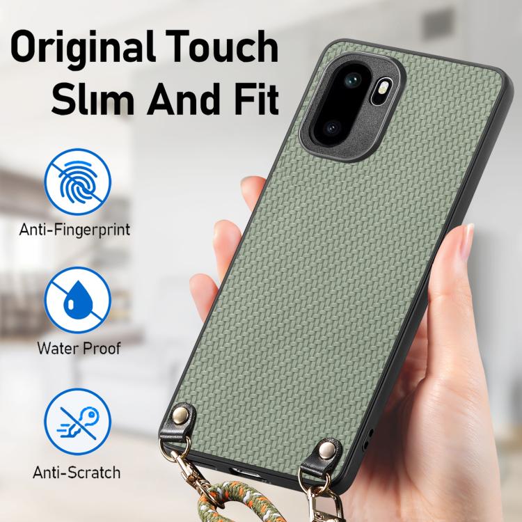 For OnePlus Ace 6 / 6T / 15R Carbon Fiber Texture Leather Back Cover Phone Case with Crossbody Strap
