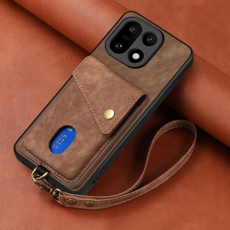 For OnePlus 15 Retro Card Wallet Fold Leather Phone Case with Strap