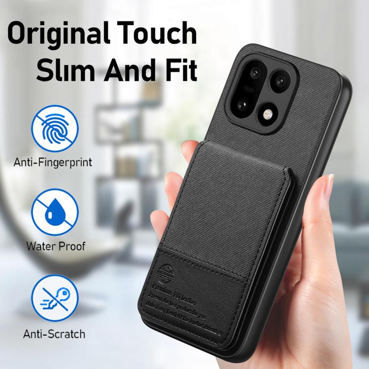 For OnePlus 15 Twill Fabric Leather Vertical Flip RFID Card Bag Phone Case