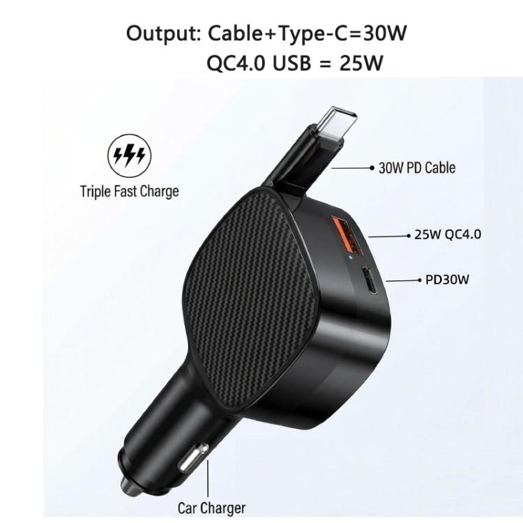 F02 70cm Type-C Cable + PD3.0 + USB 3 in 1 Car Charger