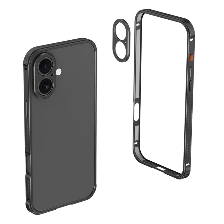 For iPhone 16 Plus Armor Dual-side Anti-slip Metal Frame Case with Lens Cover