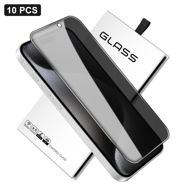 For iPhone 15 Pro 10pcs 360-Degree Privacy Silk-Screen Print Large Curved Edge High-Aluminium Tempered Glass Film