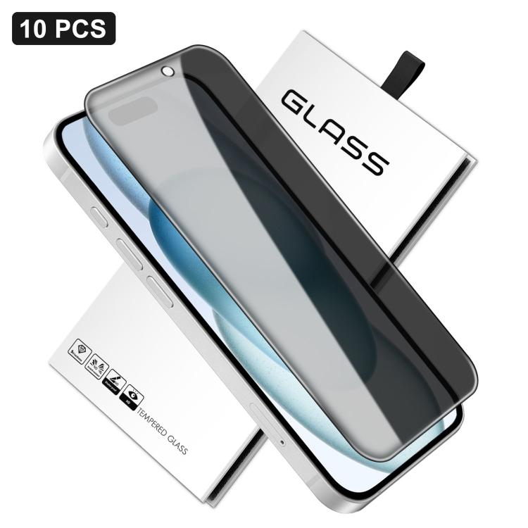For iPhone 15 Plus 10pcs 360-Degree Privacy Silk-Screen Print Large Curved Edge High-Aluminium Tempered Glass Film