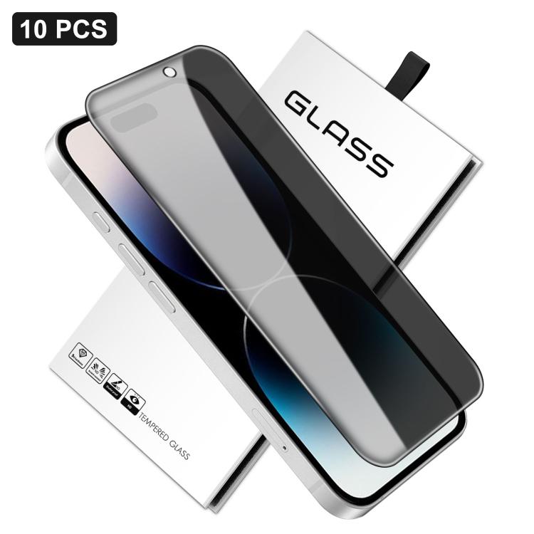 For iPhone 14 Pro 10pcs 360-Degree Privacy Silk-Screen Print Large Curved Edge High-Aluminium Tempered Glass Film