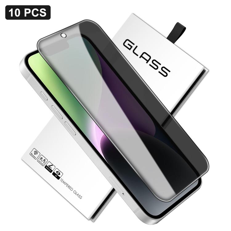 For iPhone 14 Plus 10pcs 360-Degree Privacy Silk-Screen Print Large Curved Edge High-Aluminium Tempered Glass Film