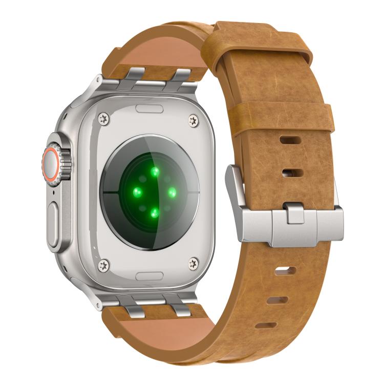 For Apple Watch 46mm / 49mm / 45mm / 44mm Crazy Horse Vegan Leather Stainless Steel Silver Buckle Watch Band