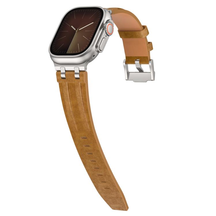 For Apple Watch 46mm / 49mm / 45mm / 44mm Crazy Horse Vegan Leather Stainless Steel Silver Buckle Watch Band