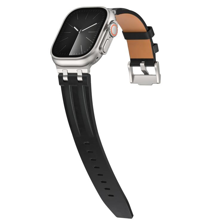 For Apple Watch 46mm / 49mm / 45mm / 44mm Crazy Horse Vegan Leather Stainless Steel Silver Buckle Watch Band