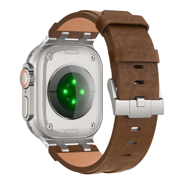 For Apple Watch 46mm / 49mm / 45mm / 44mm Crazy Horse Vegan Leather Stainless Steel Silver Buckle Watch Band