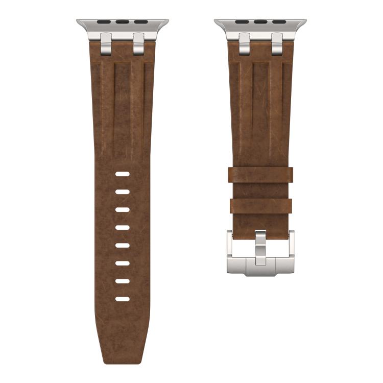 For Apple Watch 46mm / 49mm / 45mm / 44mm Crazy Horse Vegan Leather Stainless Steel Silver Buckle Watch Band