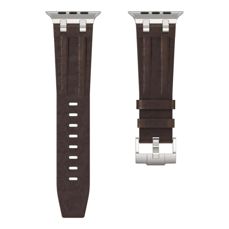 For Apple Watch 46mm / 49mm / 45mm / 44mm Crazy Horse Vegan Leather Stainless Steel Silver Buckle Watch Band