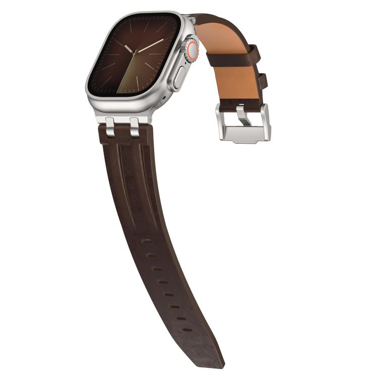 For Apple Watch 46mm / 49mm / 45mm / 44mm Crazy Horse Vegan Leather Stainless Steel Silver Buckle Watch Band