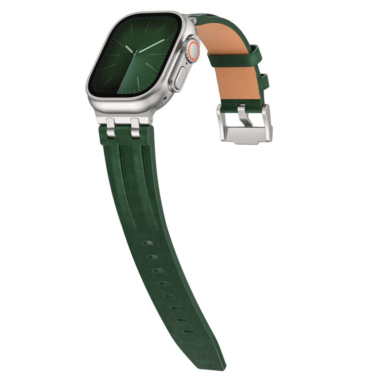 For Apple Watch 46mm / 49mm / 45mm / 44mm Crazy Horse Vegan Leather Stainless Steel Silver Buckle Watch Band