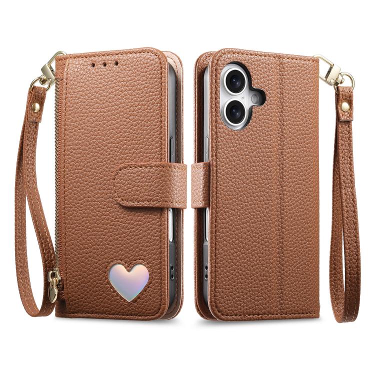 For iPhone 17 Fantasy Love Heart Zipper Wallet Vegan Leather Phone Case with Strap