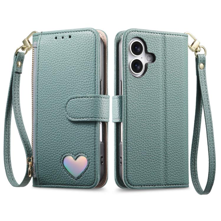 For iPhone 17 Fantasy Love Heart Zipper Wallet Vegan Leather Phone Case with Strap