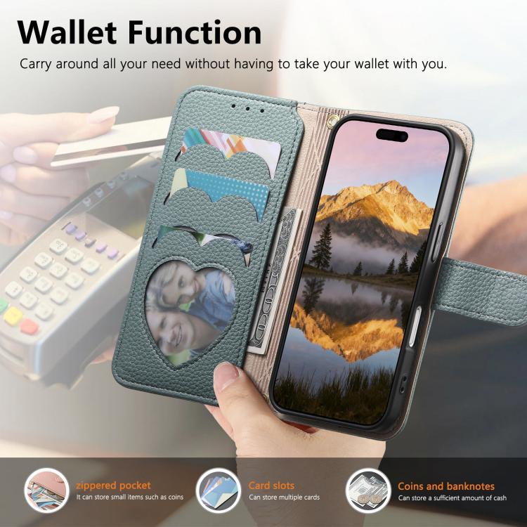 For iPhone 17 Fantasy Love Heart Zipper Wallet Vegan Leather Phone Case with Strap