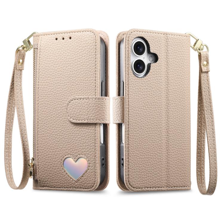 For iPhone 17 Fantasy Love Heart Zipper Wallet Vegan Leather Phone Case with Strap